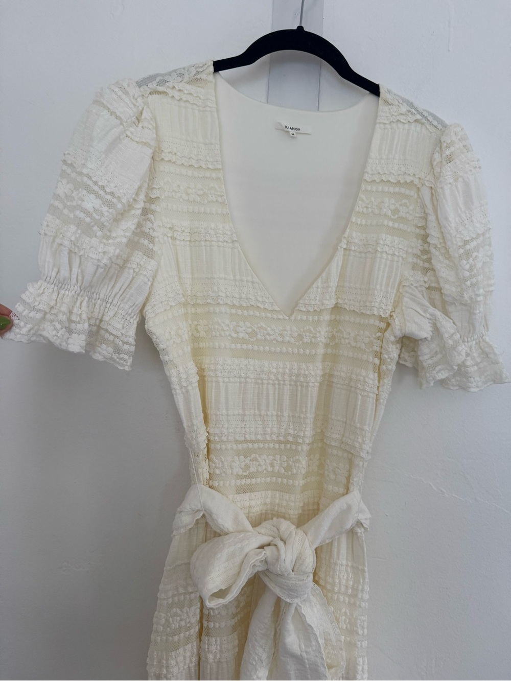 Tularosa Quinn Midi Dress Cream Boho Ruffle Puff Shoulder Belted Bridal Wedding - Picture 7 of 15